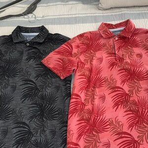 Men’s Red and Charcoal Palm-Print Button polos